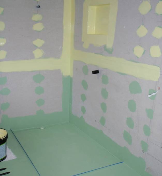Waterproof membrane to floor and critical wall areas of shower. Water resistant wall substrate to shower walls.